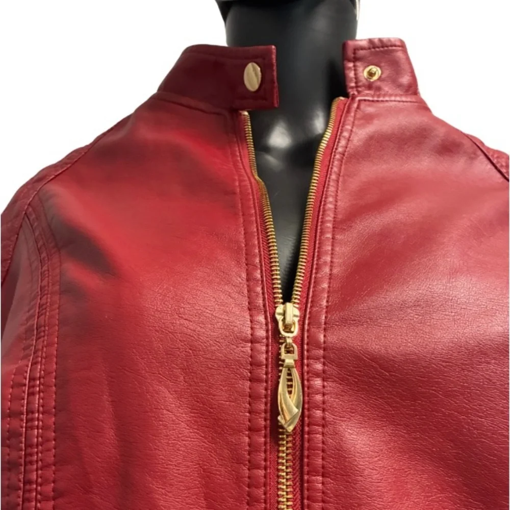 Women's Red faux Leather motorcycle Jacket - Picture 5 of 9